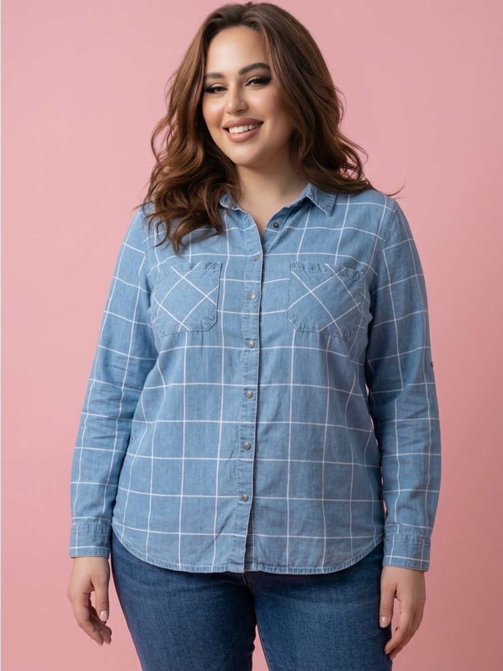 DC Jeans Light Blue Windowpane Button-Down Snap Closure Shirt- 2XL